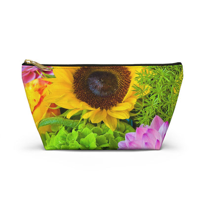 Front view of the small 8.75 x 4.75 x 2.25 inch kit bag with flower bouquet design and black zipper.