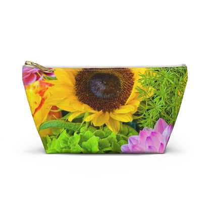 Front view of the small 8.75 x 4.75 x 2.25 inch kit bag with flower bouquet design and white zipper.