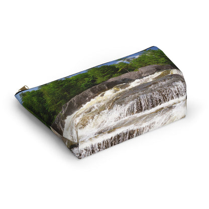 Bottom view of the kit bag with forest waterfall design angled to showcase the depth and all over print design.