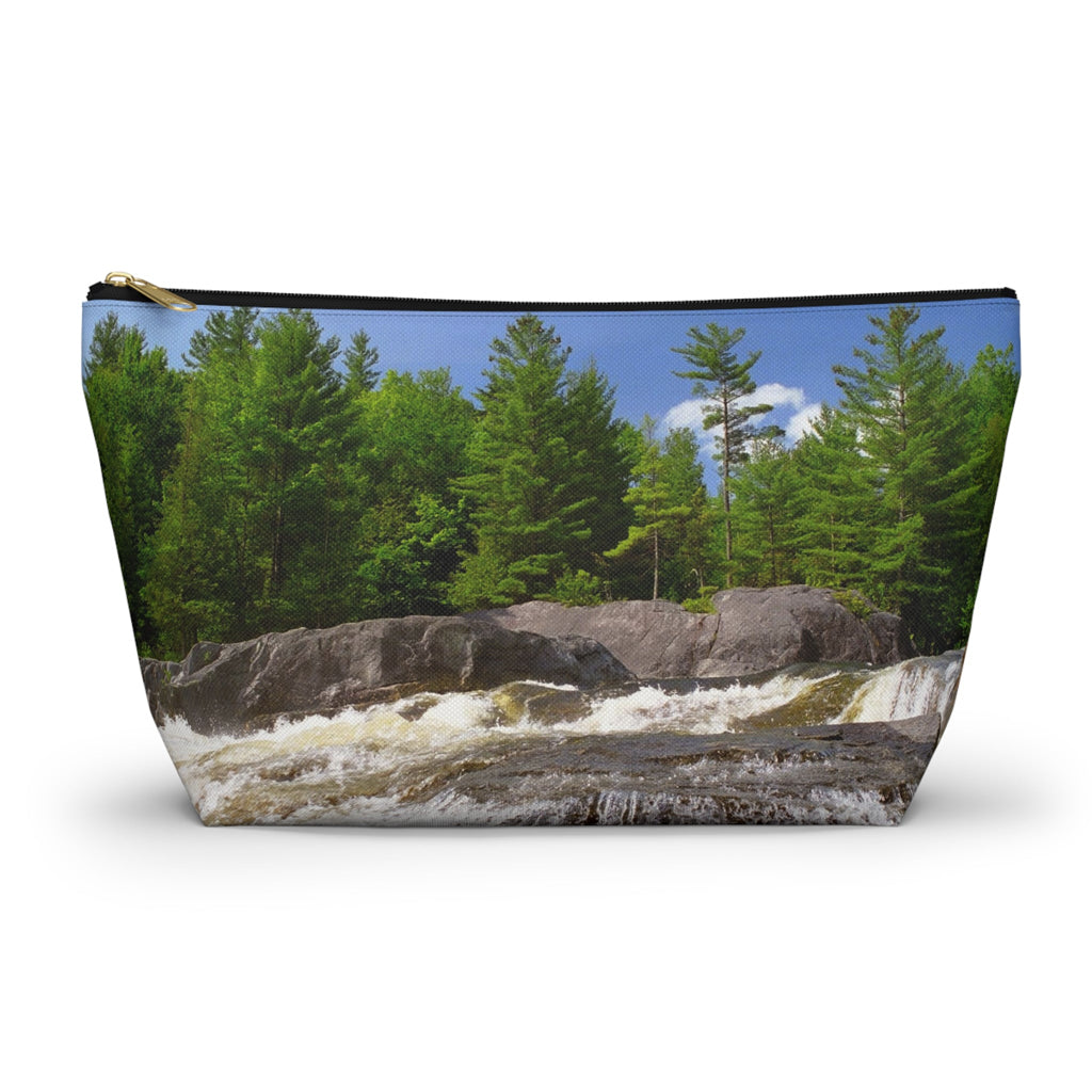 Front view of the large 12.5 x 7.25 x 3.25 inch kit bag with forest waterfall design and black zipper.