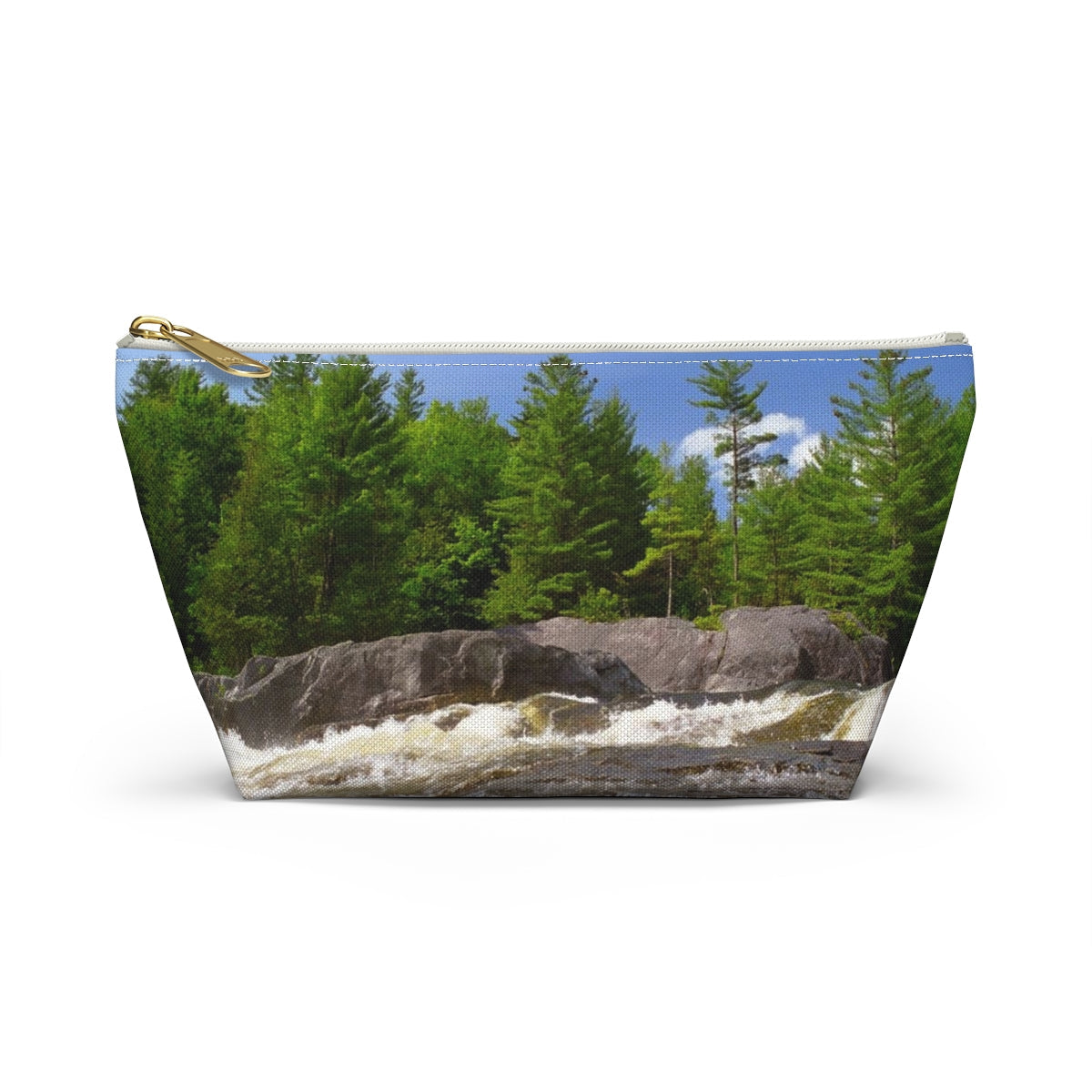 Front view of the small 8.75 x 4.75 x 2.25 inch kit bag with forest waterfall design and white zipper.