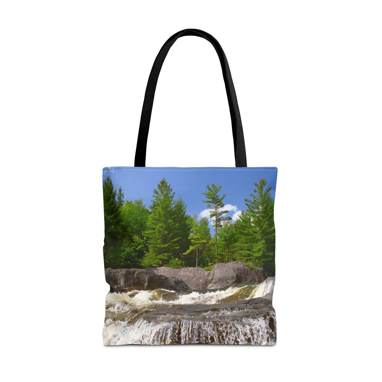 Large 18 x 18 inch tote bag featuring vibrant photo art of lush green forest at the edge of a raging Adirondack waterfall.