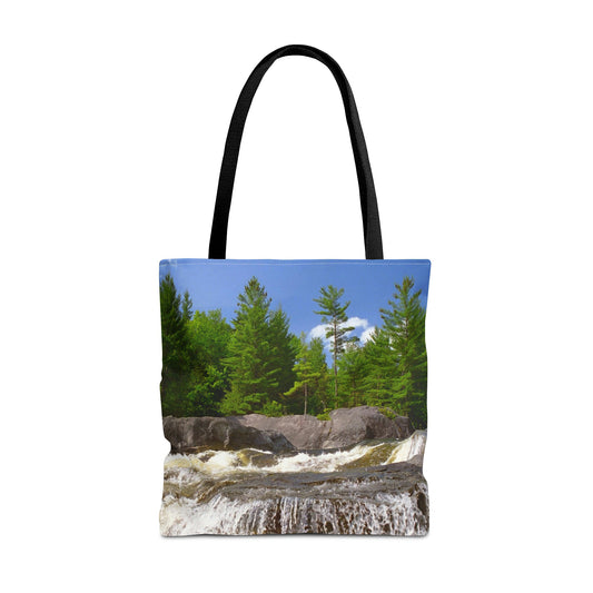 Large 18 x 18 inch tote bag featuring vibrant photo art of lush green forest at the edge of a raging Adirondack waterfall.