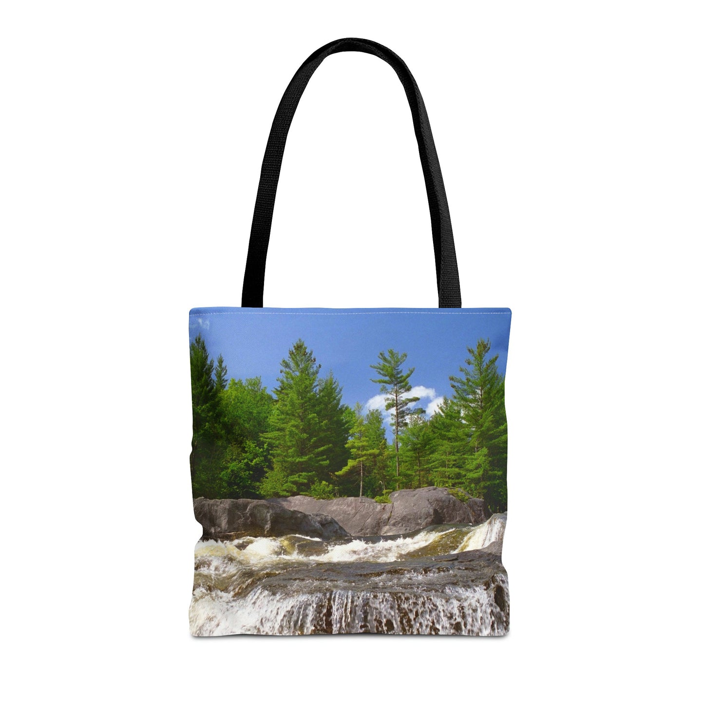 Front view of the medium 16 x 16 inch tote bag with forest waterfall design.