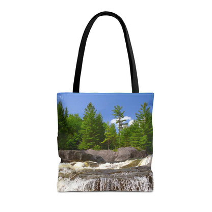 Front view of the medium 16 x 16 inch tote bag with forest waterfall design.