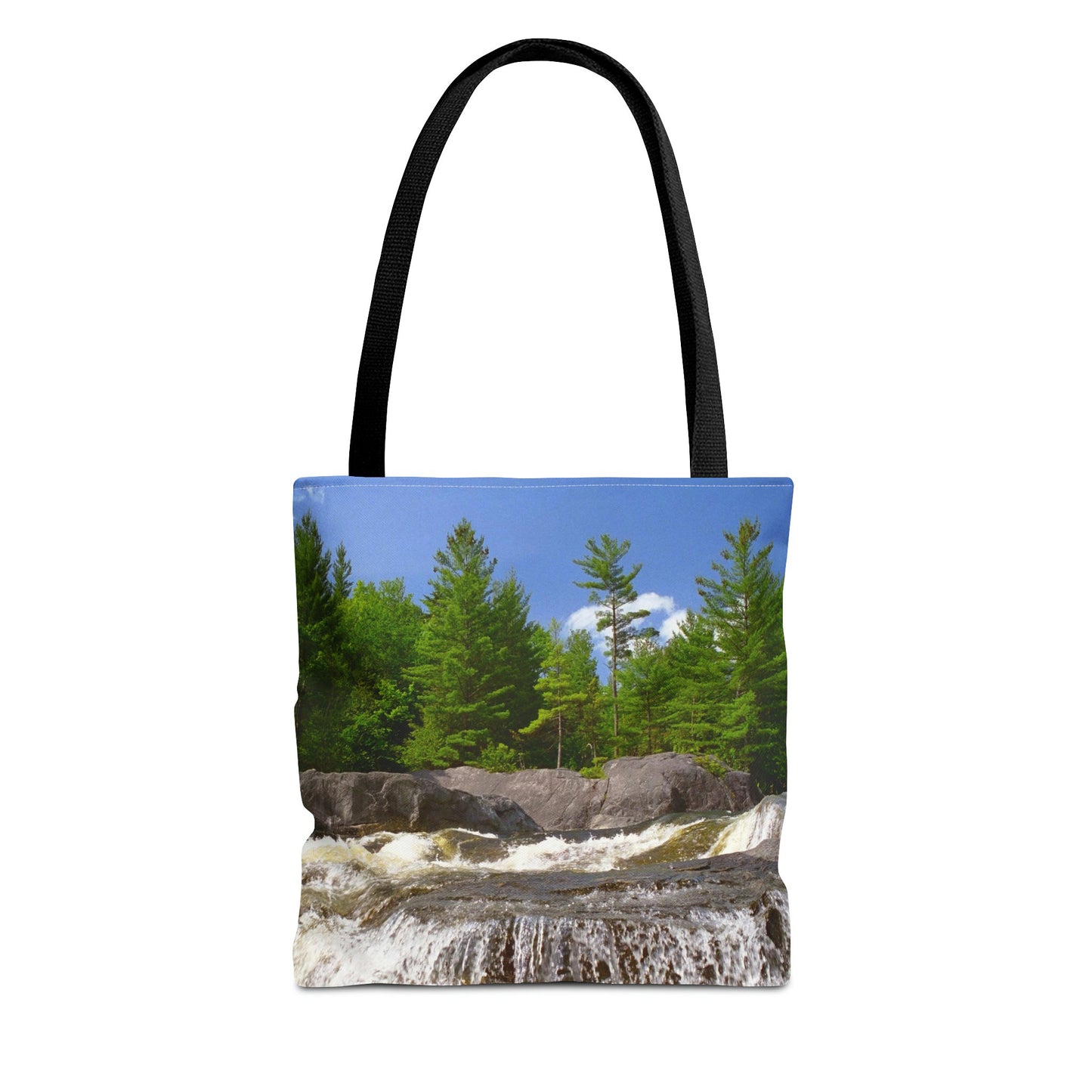 Front view of the small 13 x 13 inch tote bag with forest waterfall design.