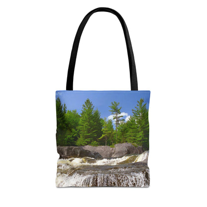 Front view of the small 13 x 13 inch tote bag with forest waterfall design.