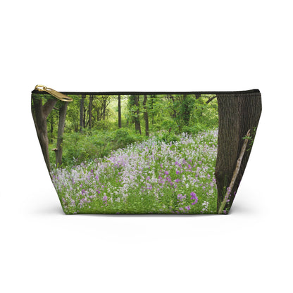 Front view of the small 8.75 x 4.75 x 2.25 inch kit bag with forest wildflowers design and black zipper.