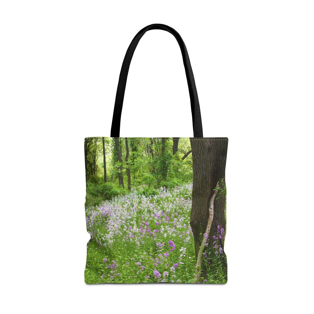 Large 18 x 18 inch tote bag featuring vibrant photo art of a forest hillside filled with lilac colored wildflowers