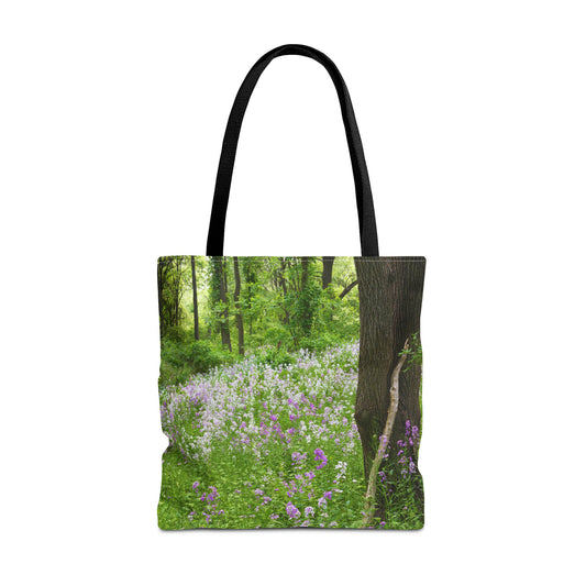 Large 18 x 18 inch tote bag featuring vibrant photo art of a forest hillside filled with lilac colored wildflowers