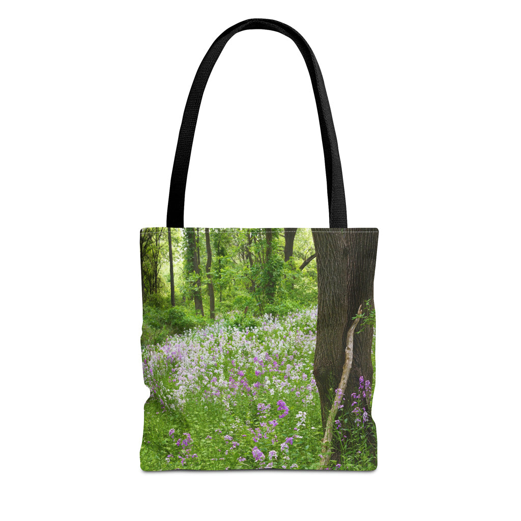 Front view of the small 13 x 13 inch tote bag with forest wildflowers design.