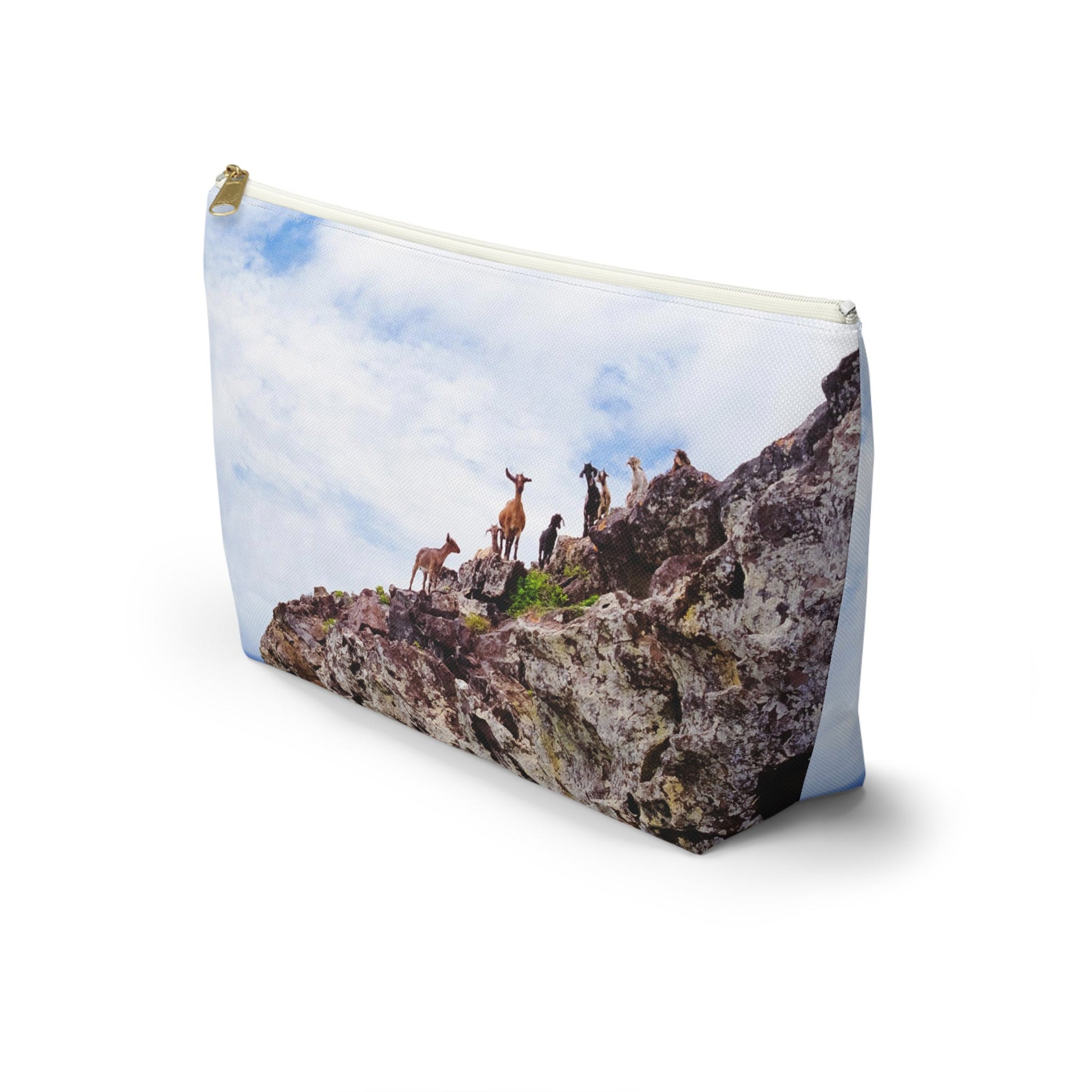 Front view of the kit bag with curious goats design angled to showcase the depth and all over print design.