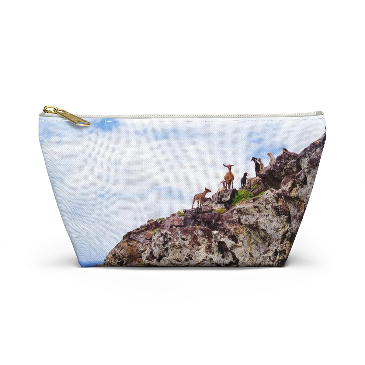Front view of the small 8.75 x 4.75 x 2.25 inch kit bag with curious goats design and white zipper.