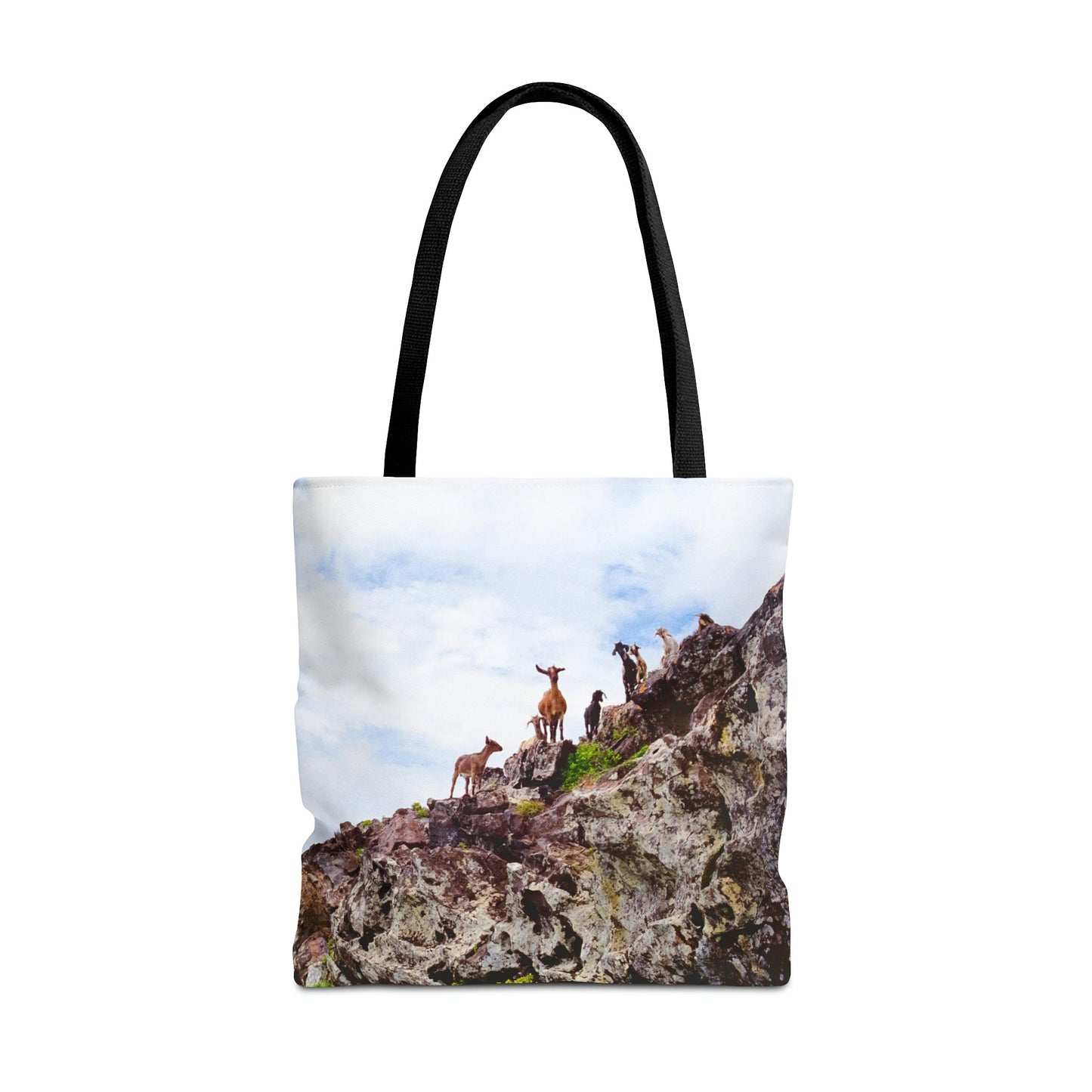 Large 18 x 18 inch tote bag featuring vibrant photo art of goats perched on a rocky cliff staring curiously into camera.