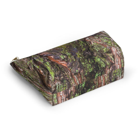 Bottom view of the kit bag with green mossy bark design angled to showcase the depth and all over print design.