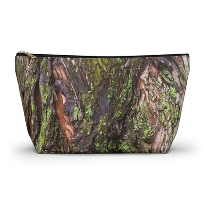 Zippered kit bag featuring vibrant photo art of brilliant green moss on orange and dark brown tree bark.
