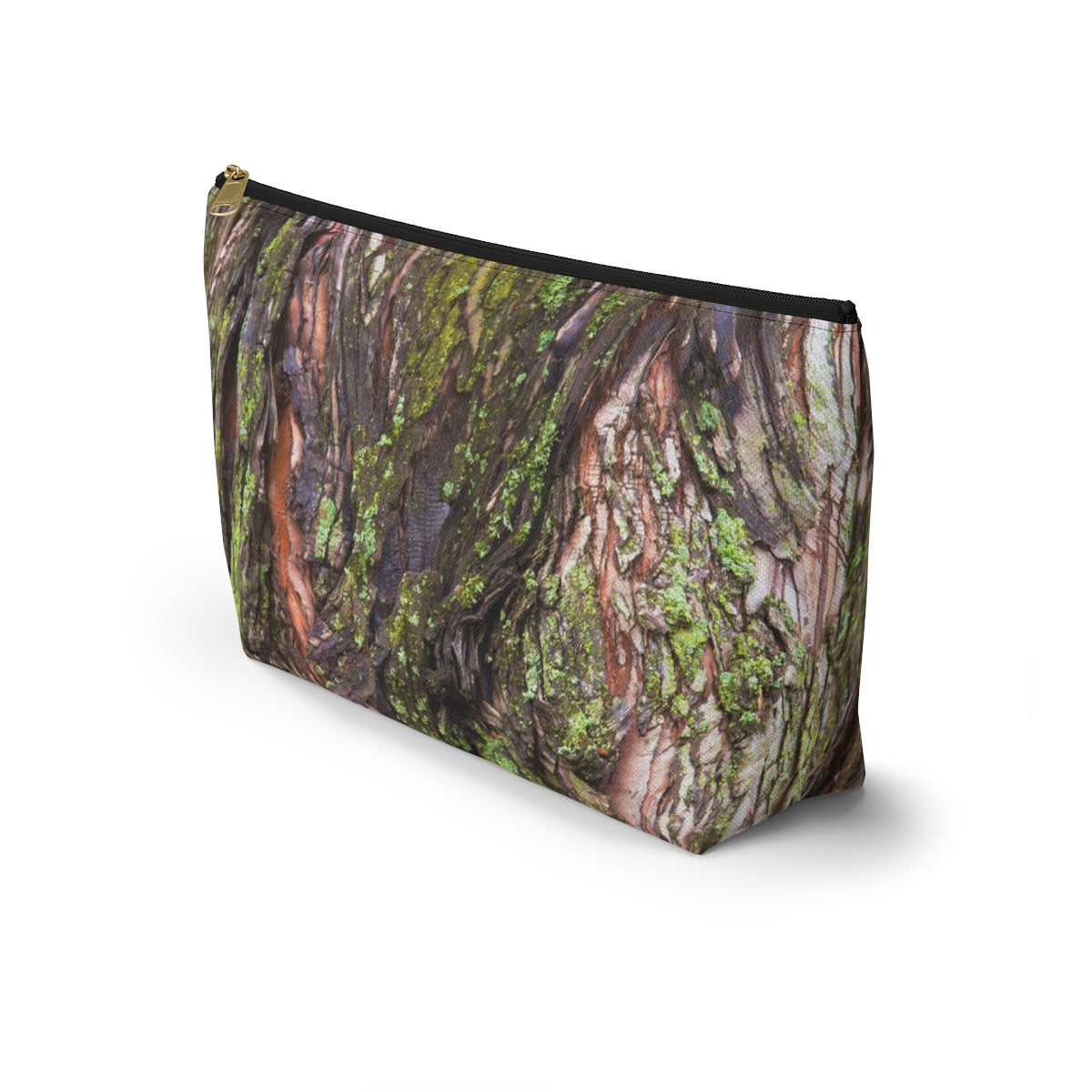 Front view of the kit bag with green mossy bark design angled to showcase the depth and all over print design.