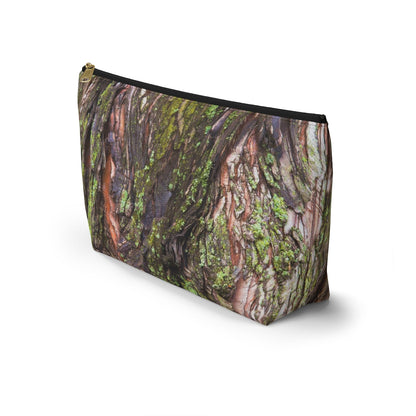 Front view of the kit bag with green mossy bark design angled to showcase the depth and all over print design.