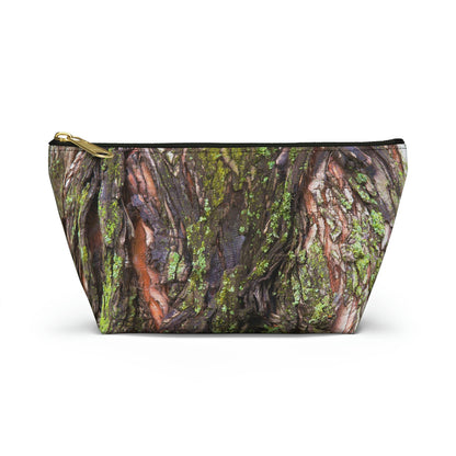 Front view of the small 8.75 x 4.75 x 2.25 inch kit bag with green mossy bark design and black zipper.