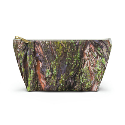 Front view of the small 8.75 x 4.75 x 2.25 inch kit bag with green mossy bark design and white zipper.