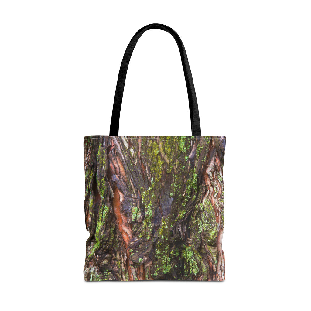 Large 18 x 18 inch tote bag featuring vibrant photo art of brilliant green moss on orange and dark brown tree bark.