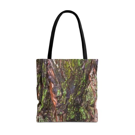 Large 18 x 18 inch tote bag featuring vibrant photo art of brilliant green moss on orange and dark brown tree bark.