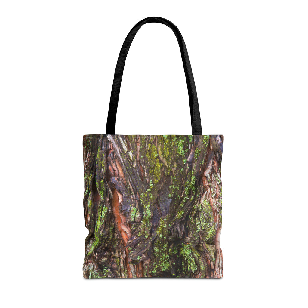 Front view of the medium 16 x 16 inch tote bag with green mossy bark design.