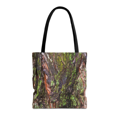 Front view of the medium 16 x 16 inch tote bag with green mossy bark design.