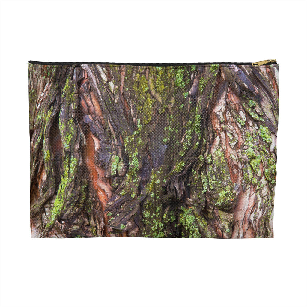 Zippered accessory pouch featuring vibrant photo art of brilliant green moss on orange and dark brown tree bark.