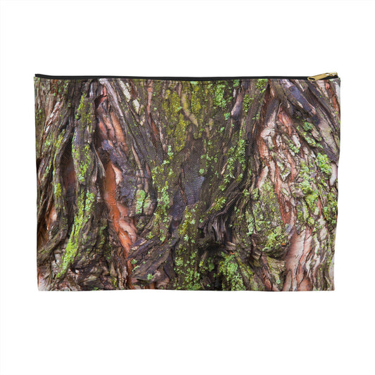 Zippered accessory pouch featuring vibrant photo art of brilliant green moss on orange and dark brown tree bark.