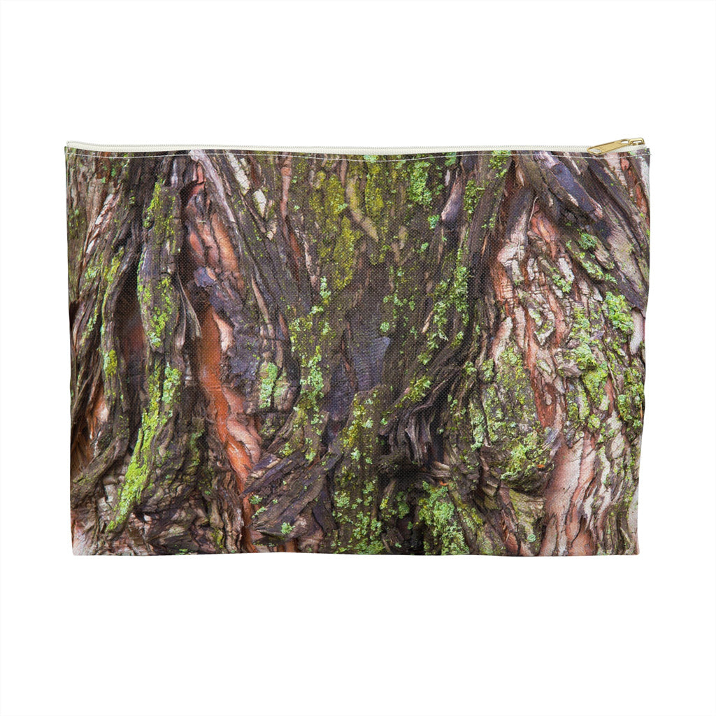Front view of the large 12 x 8.75 inch pouch with green mossy bark design and white zipper.