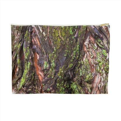 Front view of the large 12 x 8.75 inch pouch with green mossy bark design and white zipper.