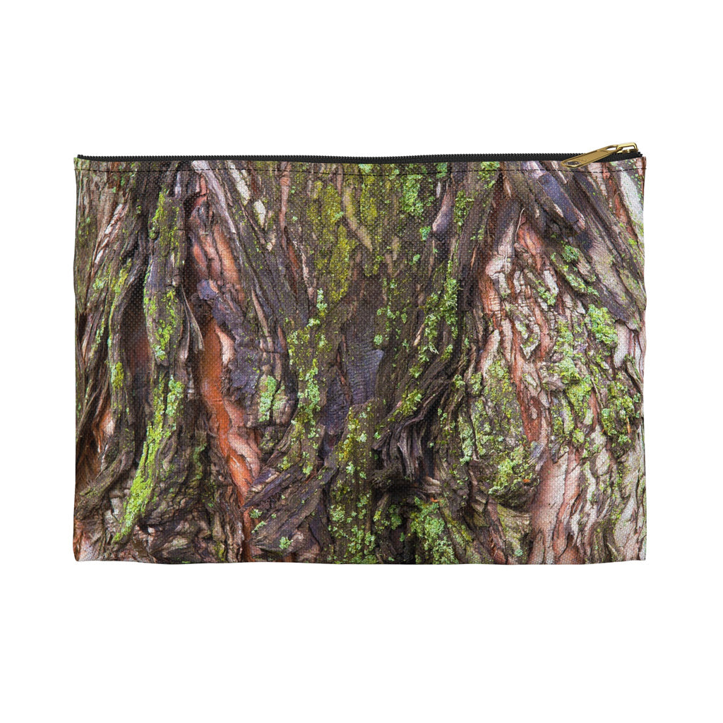 Front view of the small 8.5 x 6 inch pouch with green mossy bark design and black zipper.
