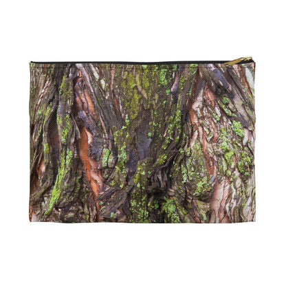 Front view of the small 8.5 x 6 inch pouch with green mossy bark design and black zipper.