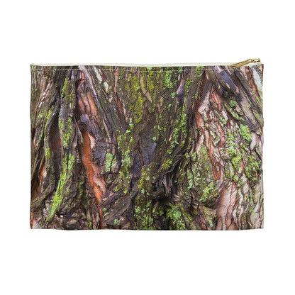 Front view of the small 8.5 x 6 inch pouch with green mossy bark design and white zipper.