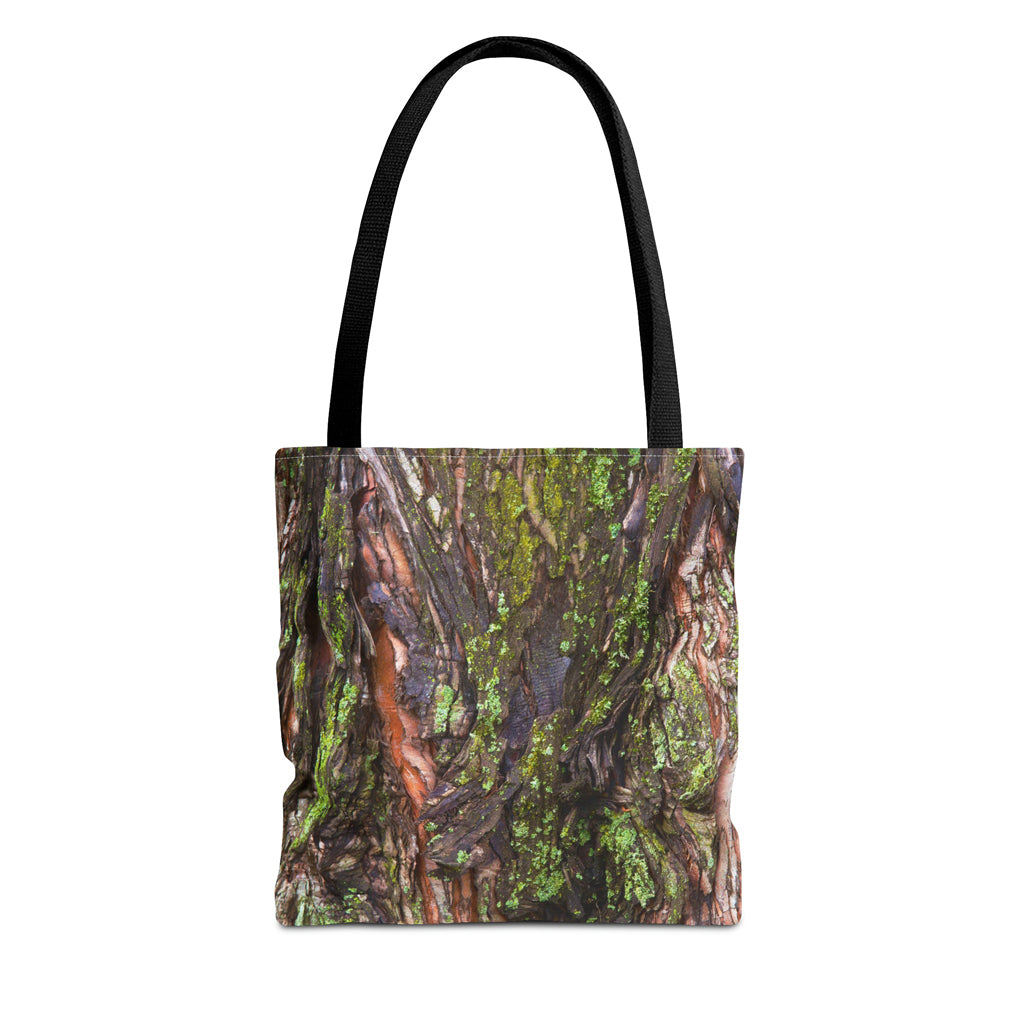 Front view of the small 13 x 13 inch tote bag with green mossy bark design.