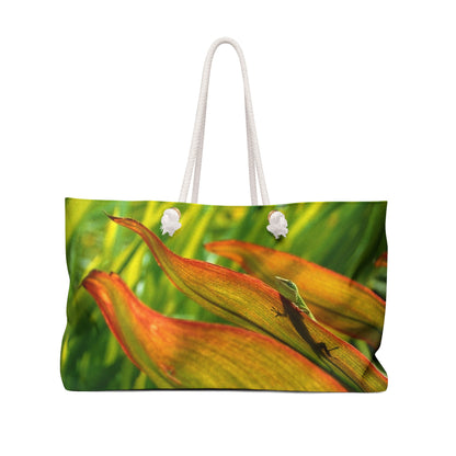 Front view of a beach bag featuring vibrant photo art of a sunlit green gecko with shadow trying to hide in leaves.