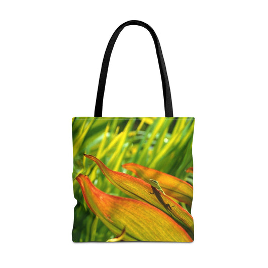 Large 18 x 18 inch tote bag featuring vibrant photo art of a sunlit green gecko with shadow trying to hide in leaves.