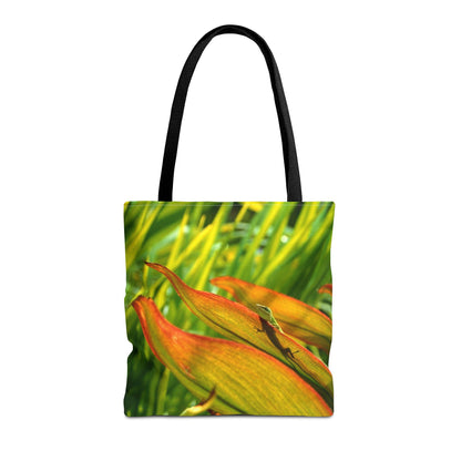 Front view of the medium 16 x 16 inch tote bag with the sunlit gecko design.