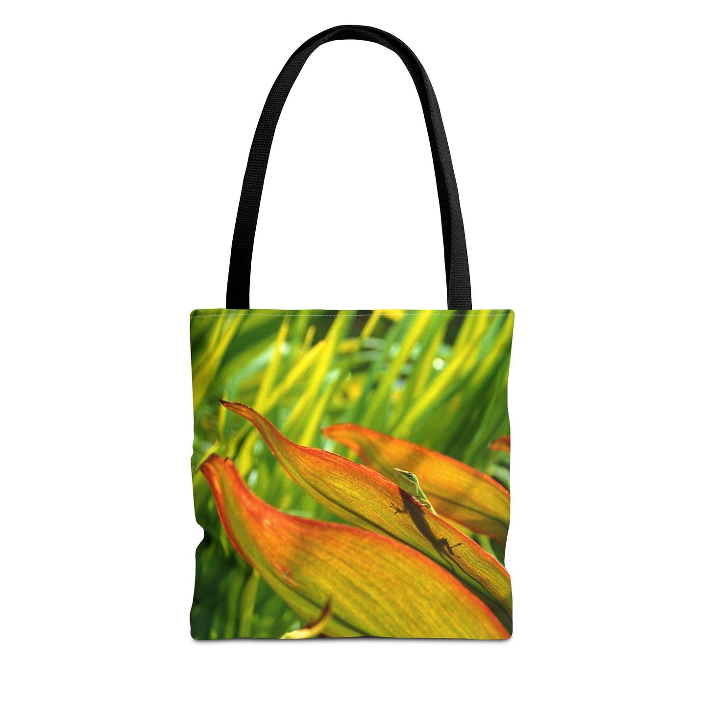 Front view of the small 13 x 13 inch tote bag with the sunlit gecko design.