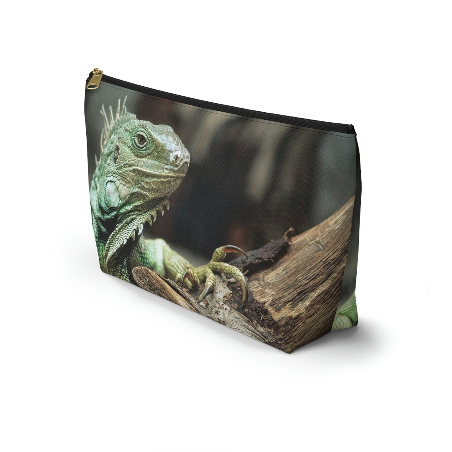 Front view of the kit bag with green iguana design angled to showcase the depth and all over print design.