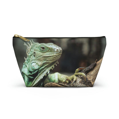 Front view of the small 8.75 x 4.75 x 2.25 inch kit bag with green iguana design and black zipper.