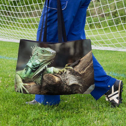 A soccer player carrying a weekender bag featuring the green iguana design onto the practice field.