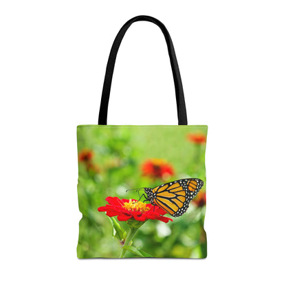 Front view of the medium 16 x 16 inch tote bag with butterfly on flower design.
