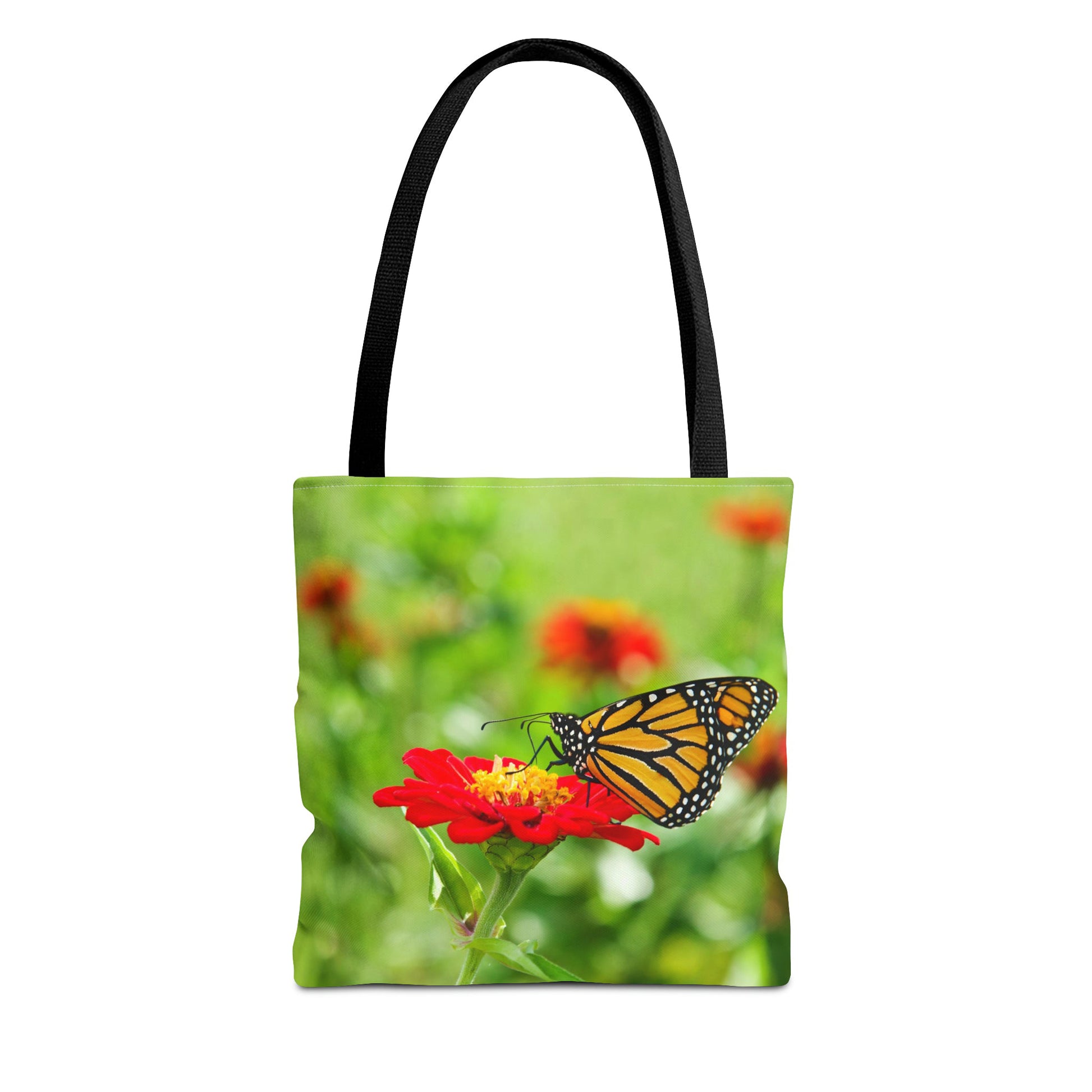 Front view of the small 13 x 13 inch tote bag with butterfly on flower design.