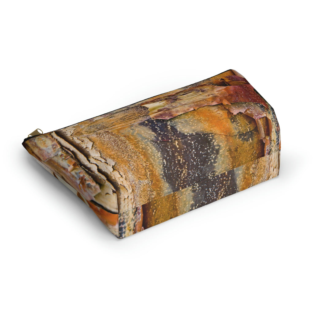 Bottom view of the kit bag with orange bark design angled to showcase the depth and all over print design.