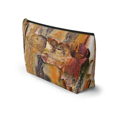 Front view of the kit bag with orange bark design angled to showcase the depth and all over print design.