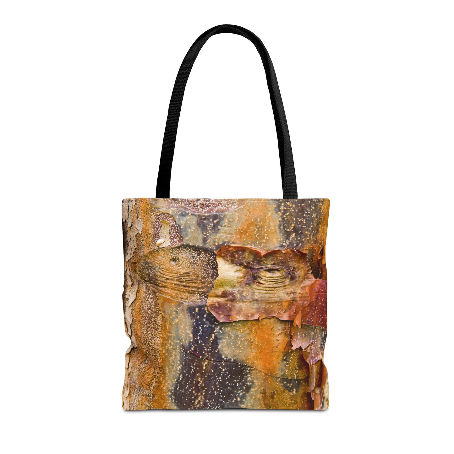 Front view of the medium 16 x 16 inch tote bag with orange bark design.