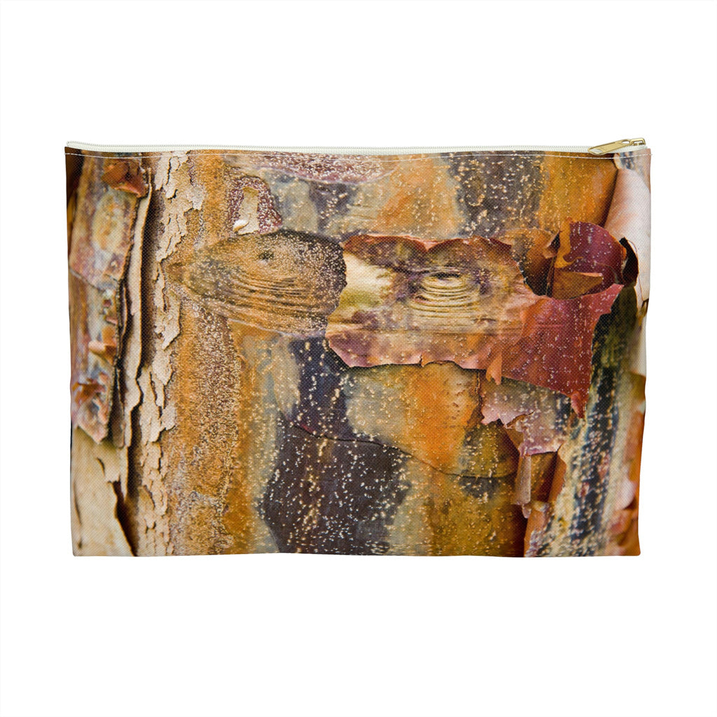 Front view of the large 12 x 8.75 inch pouch with orange bark design and white zipper.