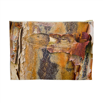 Front view of the large 12 x 8.75 inch pouch with orange bark design and white zipper.